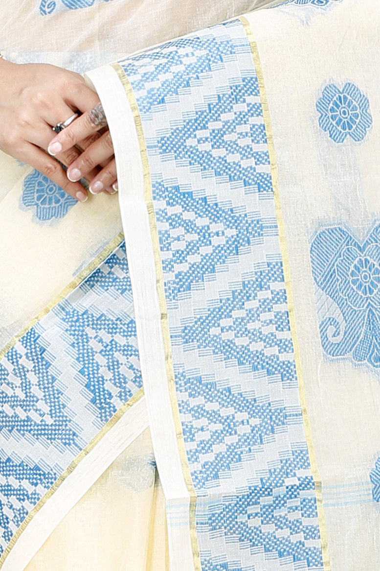 White Sky Blue Pure Cotton Gargi Tant Saree (913)